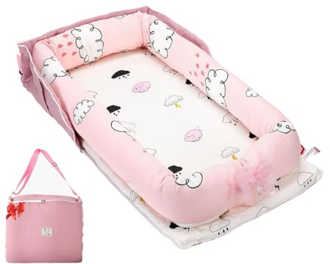 Loevin Baby Lounger for Newborns & Infants 0–24 Months, 100% Cotton Breathable Infant Support Cushion with Adjustable Size, Portable Baby Nest for Home and Travel, Baby Shower Gift (Rain Cloud)