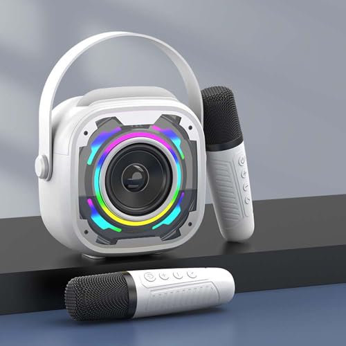 PKBD Karaoke-Maschine 2 Mikrofone für Kinder Erwachsene, Mini tragbare Bluetooth-Lautsprecher drahtlos mit dynamischem Licht/Telefonhalter/Sprachenwechsler Mikrofon, Karaoke-Maschinen für Mädchen