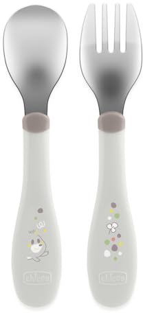 Chicco Couverts en Acier Inoxydable, Couverts Enfants, Set Bouillie, Fourchette et Cuillère pour Enfants, en Acier Inoxydable, Facile à Porter, Set Sevrage Première Bouffe, 2 Pièces, 18M+, Gris