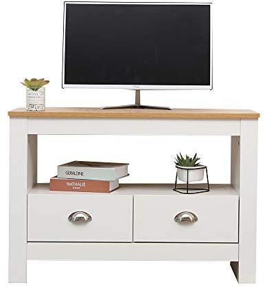 Kingwudo® Wooden Corner TV Unit TV Stand Storage Cabinet with 2 Drawers Small Space Modern for Living Room Furniture (White+Oak Color)