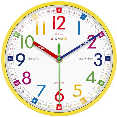 VIKMARI Learning Clock for Kids - Small Silent Non-Ticking Colorful Teaching Clocks Telling The Time for Teaching Time-Decorative Clocks for Kids Room Classroom School Playroom (10 Inch)