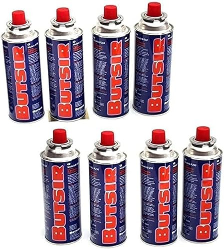 KURIL Pack 8 Cartuchos de Gas Butano BUTSIR B-250 – 227 g – Válvula Autosealable – Compatible con Cocinas Portátiles y Hornillos – Camping, Outdoor o Emergencias