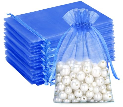 G2PLUS Blue Organza Gift Pouches 13x18 cm: Medium Favor Bags, 50 PCS | Wedding Jewelry Bags, Clear Mesh Pouches Perfect for Wedding, Christmas, Birthday, Anniversary