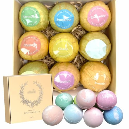 Vauvlulu 9pcs Luxury 4.2oz Bath Bombs Gift Set for Women, Natural Vegan & Cruelty-Free Fizzy Balls with Essential Oils, Perfect Birthday Mothers Valentines Day Spa Gifts for Her/Him, Wife, Girlfriend