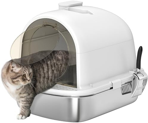 PawHut Maison de Toilette pour Chat, bac à litière fermé, bac en Acier Inoxydable, Anti-fuites, Nettoyage Facile, Sac désodorisant Inclus, Charge 5 kg, 52,4 x 41,3 x 39,9 cm, Blanc