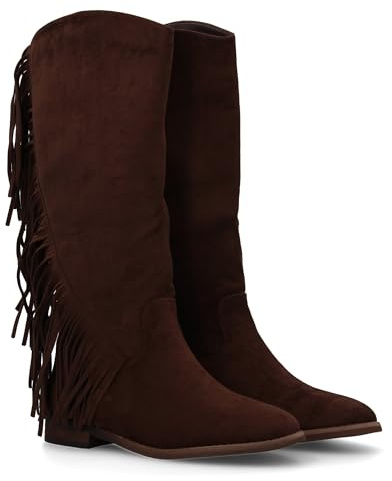 shoes&blues.es 94800 Bota Plana Mujer con Flecos y Estampado Liso, Diseno Moderno. Estilo Cowboy. Tacon Plano. Cierre de Cremallera. Ideales Otono Invierno. Marron Talla 37
