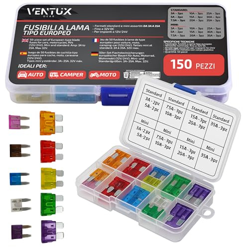 Fusibili a Lama Tipo Europeo 150 Pezzi Mini e Standard 3A-35A Kit Assortito Auto Moto Camper 12V 24V Con Scatola Organizzatore