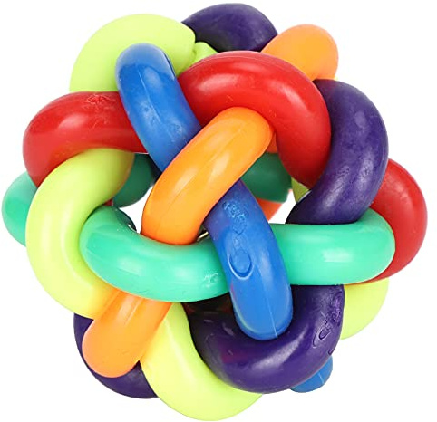 Occupiedpet Färgglad klockboll, gummivävd leksak med bjällerljud för husdjur och barn, mjuk klämboll för lek och demonteringsaktivitet, 6,9 cm diameter