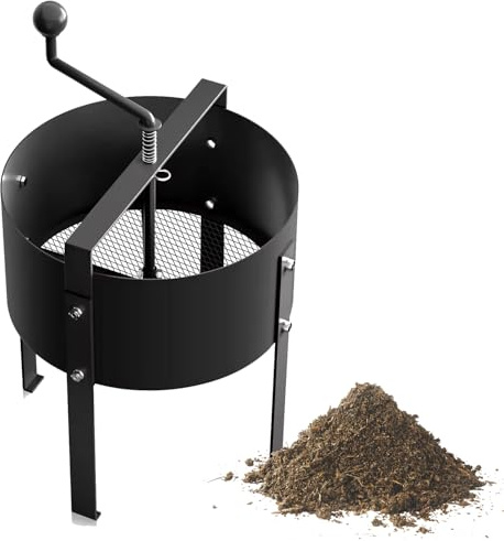 PEILU Tamis de jardin rond Ø 40 cm - Tamis de sol avec manivelle, tamis en maille et revêtement de protection noir - Tamis à compost portable en métal pour tamiser la terre, le compost, les semences