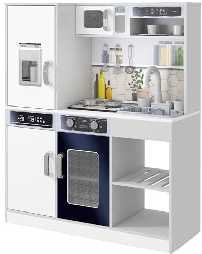 AIYAPLAY Cucina Giocattolo per Bambini in Legno con Fornello, Luci e Suoni, Forno, Microonde, Frigo, Macchina del Ghiaccio, Caffettiera, Lavello con Ricircolo d'Acqua e Accessori, per 3-8 Anni