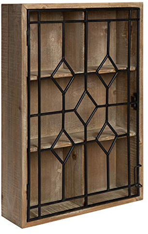 Kate and Laurel Megara Decorative Wooden Wall Hanging Curio Cabinet for Open Storage with Decorative Black Iron Door, Rustic Brown