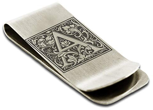 FlameReflection Clip para Dinero de Acero Inoxidable para Hombres, papá, Novio, Padre, Floral, Inicial, Monograma, Tarjetero, con Grabado Personalizado, Metal, sin Piedras Preciosas