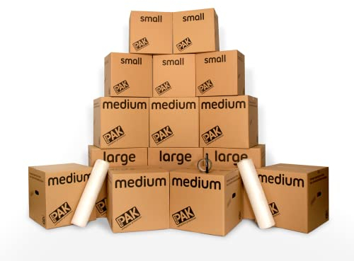 StorePAK House Moving Kit - 15 Archive Boxes with Handles , Bubble Wrap, Tape & Marker Pen. 100% Recyclable,Brown(Small, Medium & Large)