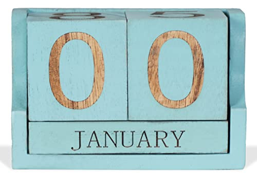 Wooden Desk Calendar,Desk Calendar Blocks for Teachers,Office Perpetual Date Block Small Home Desktop Decor Chic Vintage Month with Number Cubes Display Rustic Decoration(Ocean Blue)