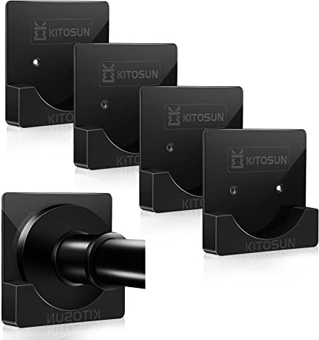 Adhesive Shower Curtain Rod Holder - Tension Curtain Rod Retainer for Wall with 3/5 Deep Support Bracket Include Strong Tape for No Drilling Quick Stick and Screws for Permanent Mount (Gloss Black)