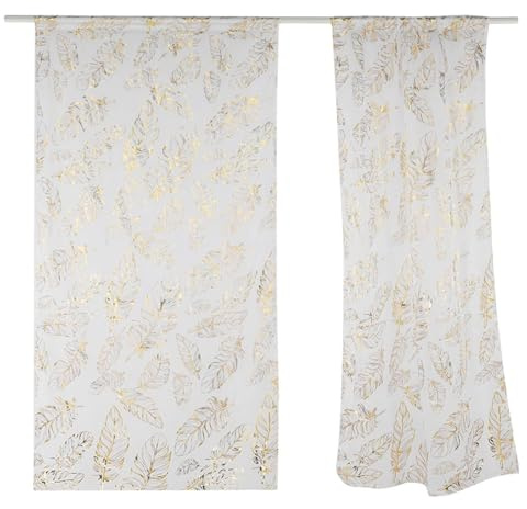 Beufee 2 Stück Federdruck-Gardinen, weiße Gardinen, dekorative Tüllfenster, Voile-Paneele, Heißprägevorhänge für Schlafzimmer, Wohnzimmer(Gold)