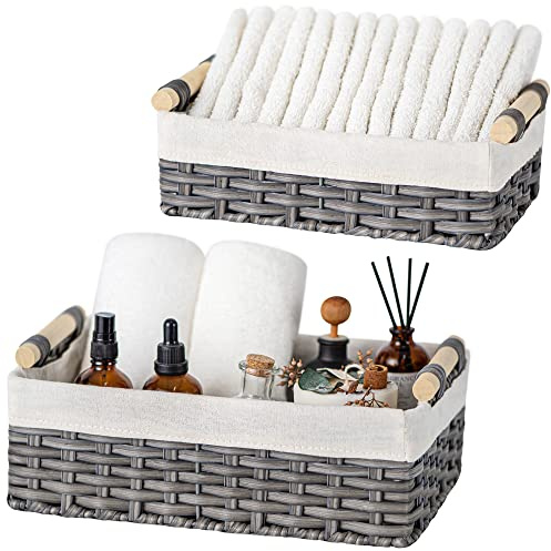 GRANNY SAYS Cestini Bagno Portaoggetti, Set di 2 Cestini Vimini, Cestino Vimini Piccolo, Cestini Portaoggetti con Manici in Legno, Ceste da Scaffale, Grigio