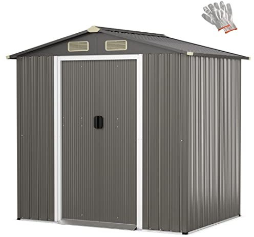 GiantexUK 6x4FT/8x4FT/8x6FT Metal Garden Shed, Outdoor Galvanized Storage House with 4 Air Vents & Lockable Sliding Doors, Slope Roof Utility Shed Building for Backyard Garage (6x4FT, Light+Dark Grey)