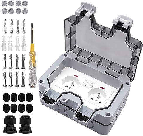 ARCELI Prise Extérieure étanche avec Interrupteur et Témoin Lumineux, Double Prise Etanche Prise Standard Français Encastrée, AC250V/16A pour Cuisine, Salle de Bain, Prise Murale de Jardin