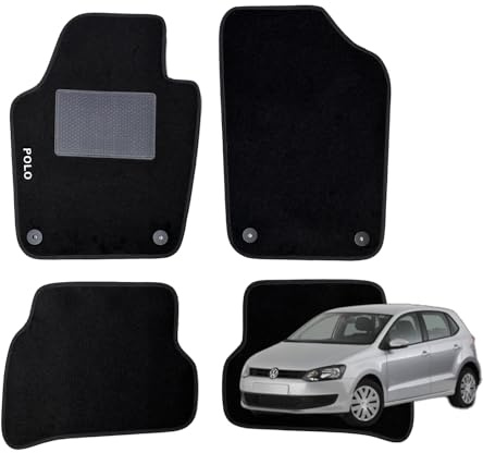 W-Parts Serie 4 TAPPETI - TAPPETINI in Moquette Neri per Polo V 6R dal 2009 con battitacco Cucito, Bottoni di Fissaggio e Striscia Antiscivolo