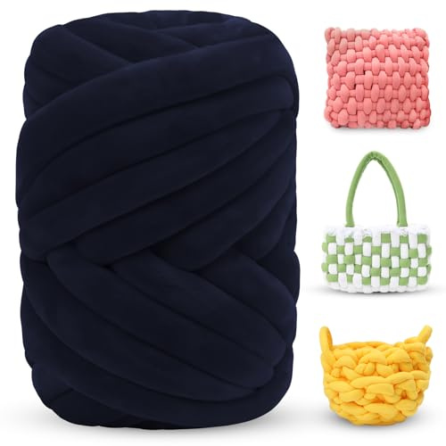 LEREATI Thick Chunky Yarn for Arm Knitting Jumbo Tube Soft Chunky Knit Blanket Velvet Yarn for Crocheting Handbags Hand Knitting Pet Bed Rugs Pillows Crafts (500g, Dark Blue)