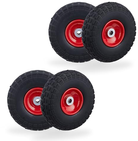 Relaxdays 4 Ruedas de Carro Antipinchazos, Macizas, 4.10/3.50-4, Llantas de Acero, 150 kg, 260x85mm, Negro y Rojo