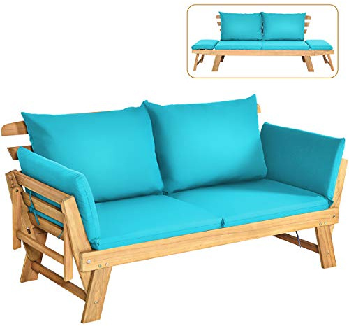 COSTWAY Divano Esterno a 2 Posti, in Legno di Acacia, Lettino Giardino con Braccioli Regolabili, Sdraio da Giardino con Cuscini, Chaise Longue per Giardino, Piscina, Cortile (Turchese)
