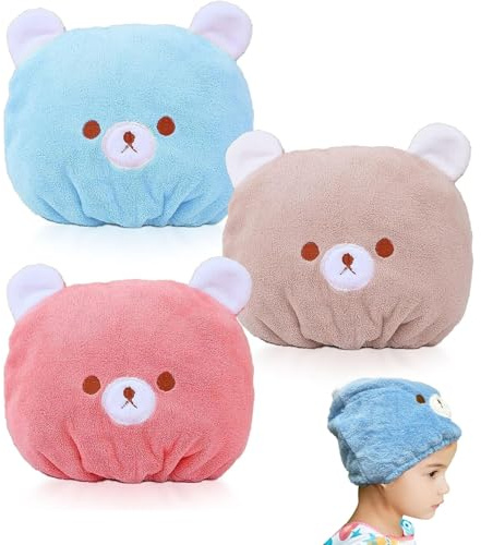 VIDSTW 3 Pièces Serviette à Cheveux Enfant en Microfibre, Serviette Cheveux Sechage Rapide, Serviette Cheveux Super Absorbantes en Microfibre Wrap Turban pour Enfant et Filles, Rose Bleu Marron