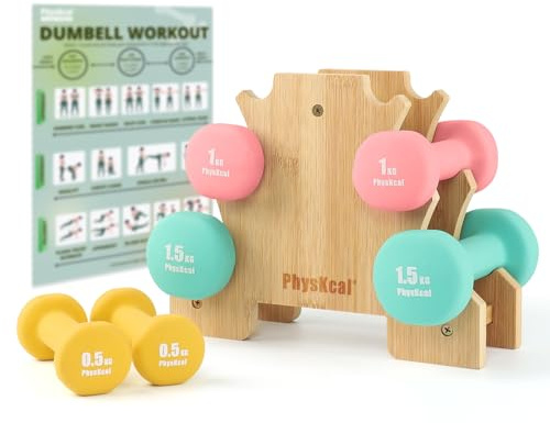 PhysKcal Dumbbell Set with Stand, Hand Weights for Beginners with Storage Rack, 2 x 0.5kg, 2 x 1kg, 2 x 2 kg, Strength Training Fitness, Home Training