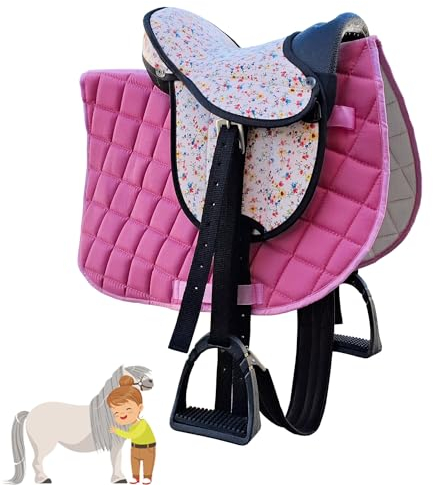 My Sweet Pony® Kinder Shettysattel-Set Pink Flower | Sattel für Pony Shetty und Holzpferd | Alles enthalten | Sattelgurt, Schabracke, Steigbügel und Riemen | Ideal für erste Reitversuche