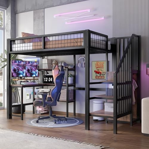 Sapgaks Lit Mezzanine 1 Place avec Bureau 90x200,lit superposé Enfant 90x200 avec Armoire,lit Enfant avec Barriere en Fer,échelle de Rangement,Plusieurs étagères,sans Matelas,Noir