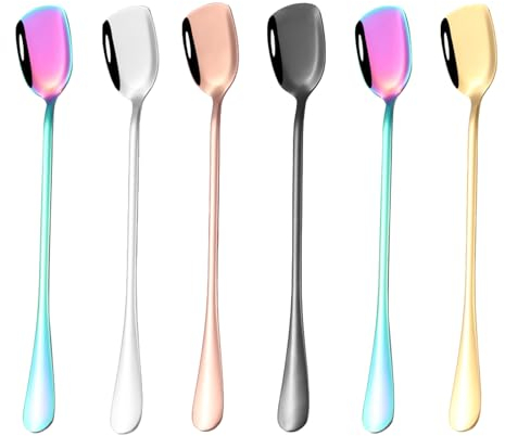 6 Pezzi Cucchiai Latte per Longdrink, 18.9 cm Cucchiai Colorati di Lunghezza, Cucchiaini Lunghi da Dolce Caffè in Acciaio Inox, Square Head Stainless Steel Spoons per Caffè Freddo Tè Freddo, Cocktail