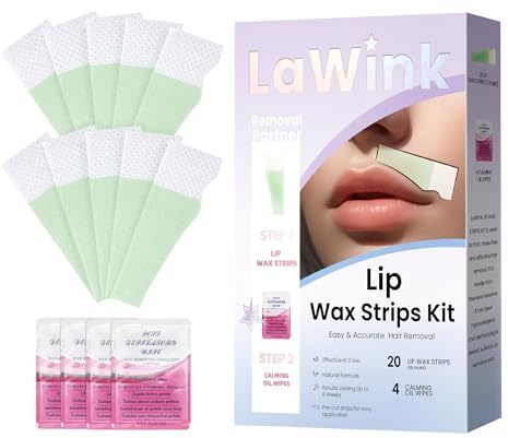 Kit di Strisce di Cera per Labbro Superiore e Viso, 20 Strisce per Depilazione Facciale, 4 Salviette Lenitive con Olio, Cera per Rimozione Peli del Labbro e Sopracciglia