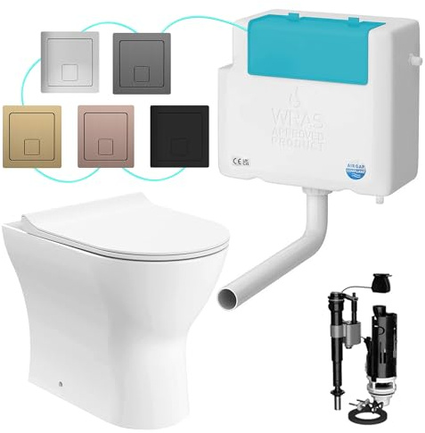 Rimless Back to Wall Dual Flush Toilet & Side Entry Concealed Cistern Set with Square Flush Plate - Ceramic Insulated Rimless Technology Quiet Flush (Chrome)