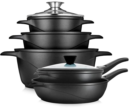briebe Batería Cocina Inducción 10 Piezas, Juego 3 Ollas Aluminio Fundido + 2 Sartenes, Antiadherente ILAG GRANITEC sin PFOA, Set Cazuelas Tapas Cristal, Guantes Silicona, Vitrocerámica, Gas, Horno