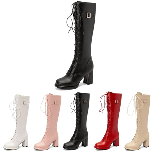 MEECHI Bottines Gothiques À Lacets Et Talon Bloc for Femme Boots À Tige Longue À Bout Carré avec Boucle Bottes De Chevalier en Cuir PU Talons Hauts Élégants De 8 Cm Chaussures De Motard(Black,43 EU)