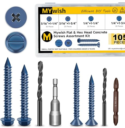 Mywish 105Pcs Concrete Screws Assortment Kit, Flat Pillips & Hex Head Masonry Block Brick Cement Screws with Drill Bit, Concrete Screws Set for Concrete Masonry Stucco Brick