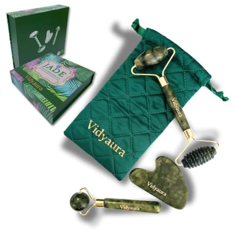 VIDYAURA Set da massaggio in giada, 4 pezzi, con rullo viso e gua sha, con sacchetto di immagazzinaggio verde, confezione regalo