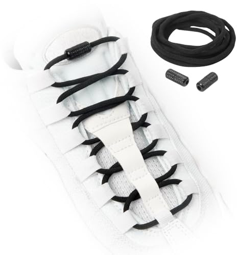 TEEZY No Tie Shoe Laces for Trainers | Premium Elastic Laces & Screw Lock Buckle | Round Shoelaces For Adult & Kids | Elastic Shoelaces Black White Colourful | ROUNDS (Plain Black)
