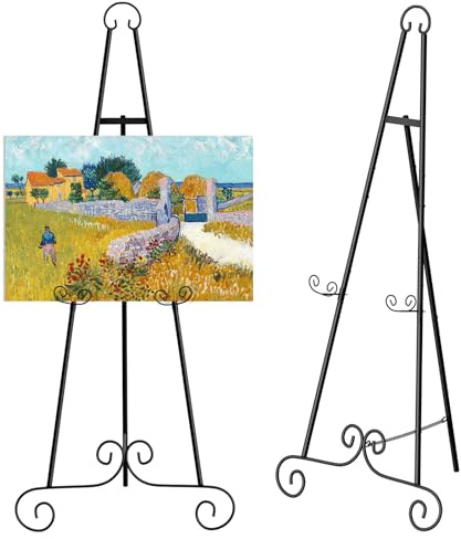 46 H Metal Round Tube Scroll Display Easel, Classic Black Decorative Large Adjustable Floor Standing Easel with Chain Support, Perfect for Showcasing Pictures, Artwork, Picture Frame Wedding Sign Etc