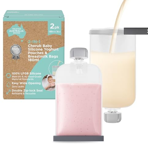 Cherub Baby Confezione da 2 sacchetti riutilizzabili in silicone per latte materno e alimenti per bambini, 180 ml, senza BPA, impermeabili con beccuccio e cerniera, sacchetto ricaricabile, adatto a
