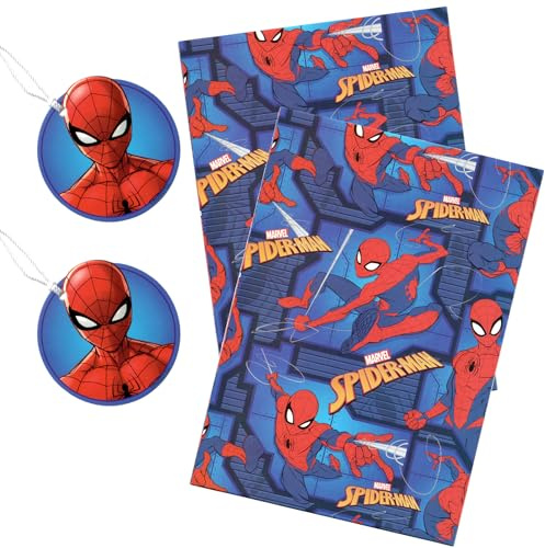 Juego de papel de regalo de cumpleaños, 2 hojas de 50 cm x 70 cm, hojas de fácil corte y 2 etiquetas de regalo a juego (Spiderman)