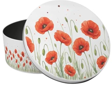Purely Home Summer Poppies Small Cake Tin - Red & Green Floral Kitchen Bakeware Gifts - Round Metal Storage Container for Baking 18 x 7cm
