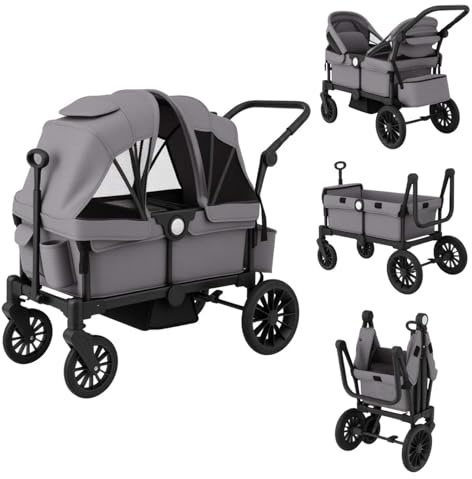 COSTWAY Carro Plegable para 2 Niños, Carga 25 kg, Cochecito Doble con Manillar Ajustable, Capota Extraíble, Portavasos, Bandeja de Comida y Arnés de 3 Puntos, Cochecito para Bebés de 6+ Meses (Gris)
