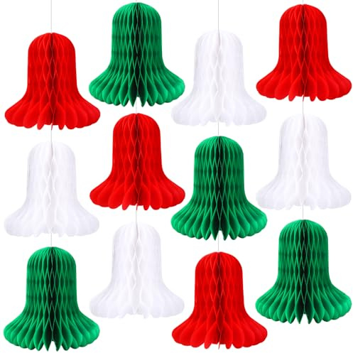 BestoFun 12 PCS Christmas Honeycomb Bells Red Green White Christmas Party Decors Hanging Honeycomb Decorations for New Year Winter Holiday Decorations