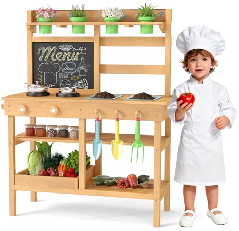 COSTWAY Cuisine Extérieure Enfant avec Tableau Noir et 4 Pots, Cuisine de Boue en Bois de Sapin avec 2 Éviers Amovible et 3 Accessoires, Étagère, Cuisinières, Jeu d'Imitation Boueuse pour 3 Ans+
