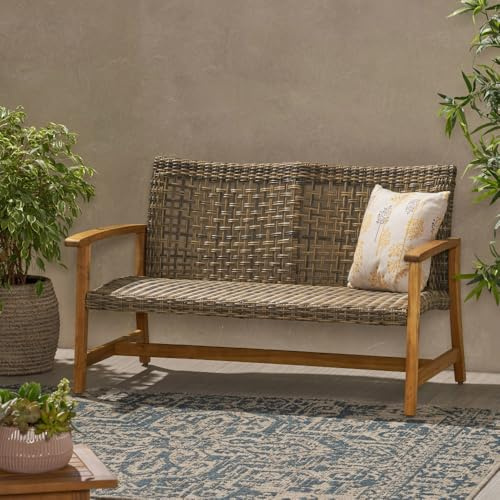 callmego Premium Outdoor Wicker Loveseat Made from Sustainable Acacia Wood Frame with All-Weather Resin Weave for Patio and Backyard Use (Natural+Grey + Acacia Wood)