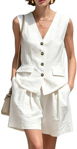 tictilily Ensemble Femme Lin Ete 2 Pieces Gilet Top à sans Manches Col V + Short à Taille Haute avec Poches Ensembles de Lin et Coton Tenue de Plage Casual