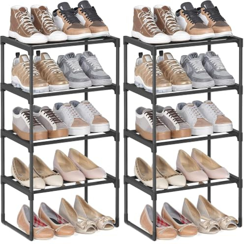 SONGMICS 4-Tier Shoe Rack, Shoe Storage Organiser, Metal Storage Rack, Upright or Upside Down, Fits 5 to 10 Pairs, Stackable, for Hallway, 30 x 42.5 x 71.5 cm, Black LSA004B01 (Pack of 2)