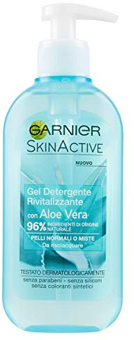 - Garnier - Skin Active. Gel Limpiador Revitalizador con Aloe Vera, perfecto para pieles normales o mixtas. Envase de 200 ml